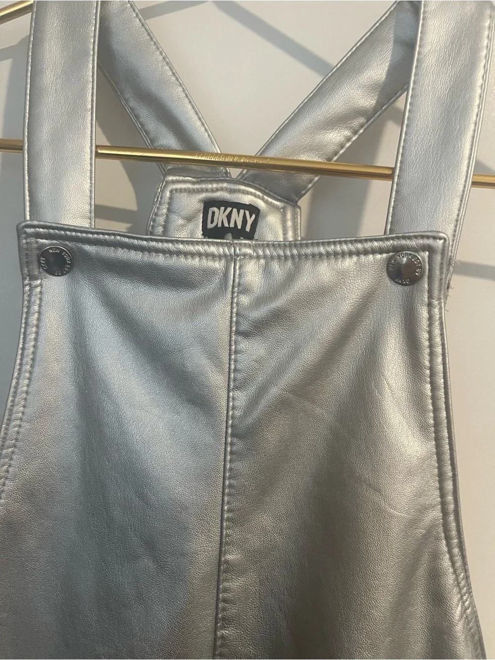DKNY Girls' 10 Metallic Silver Faux-Leather Pinafore Dress 2 Front Pockets